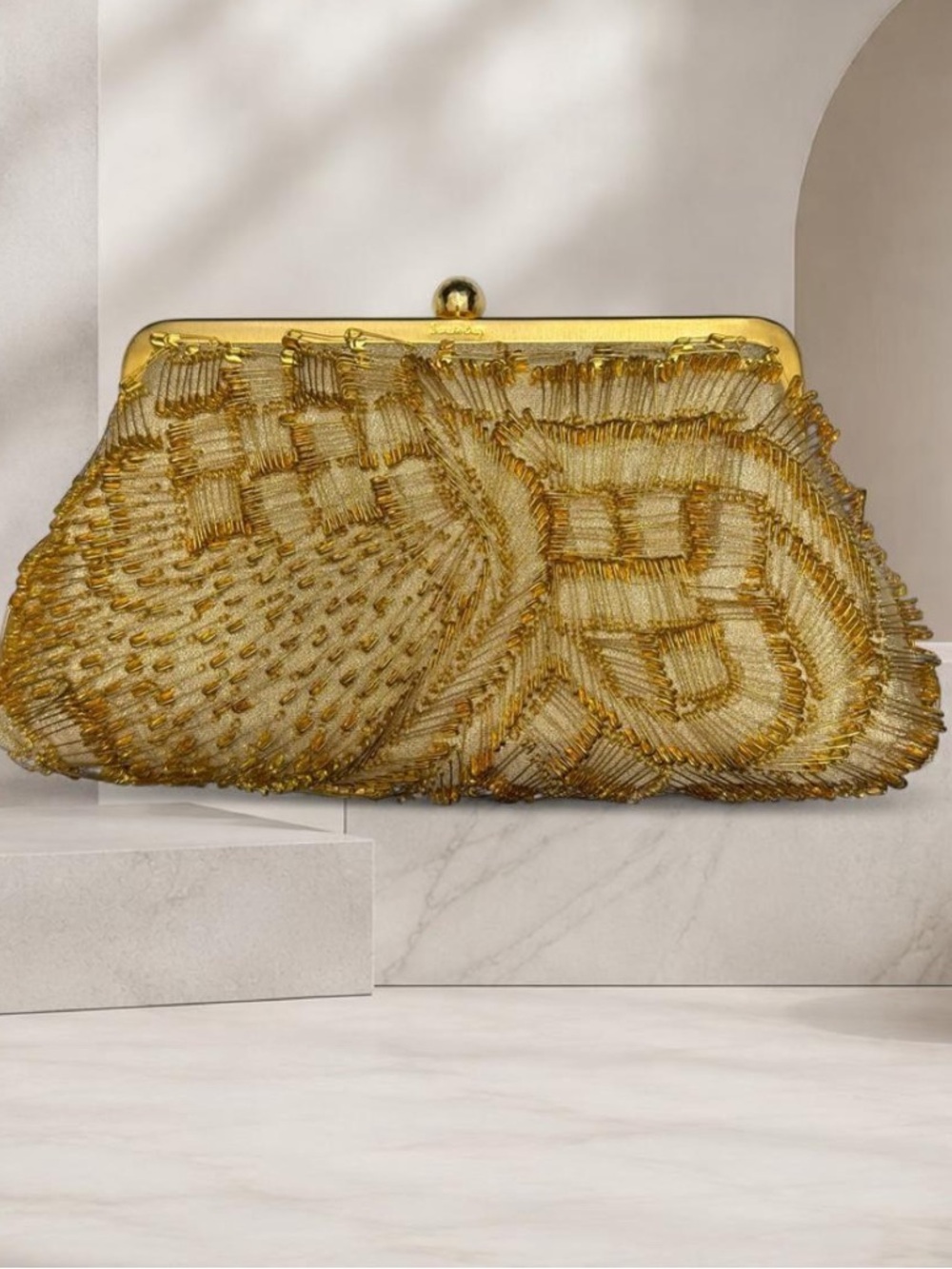 Gold Beaded Evening Wristlet Clutch